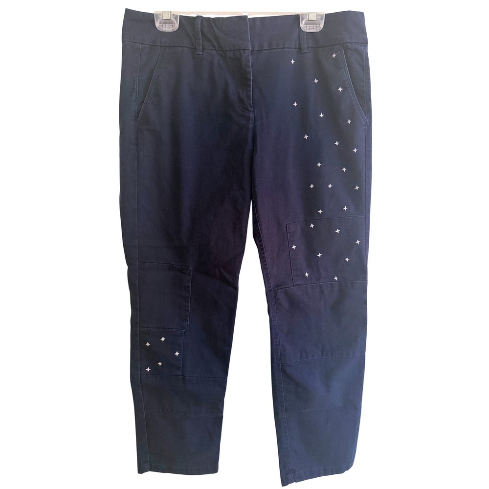 LOFT Star Embroidered Patchwork‎ Navy Blue Modern Chino Crop Women Size 8 Pants
